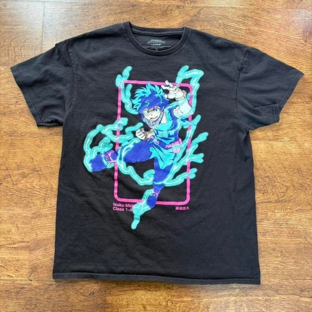 My Hero Academia faded black t shirt with blue and pink accents